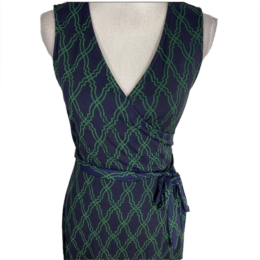 41 Hawthorn Navy Blue Green Geometric Sleeveless Dress Tie Waist Size M